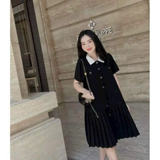 Đầm bầu dáng dài chất đũi đẹp mặc hè cộc tay cổ bẻ màu đen chân xếp li thời trang công sở sang chảnh