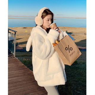 Áo khoác nữ lông thỏ có mũ TAI GẤU dày dặn rộng thụng siêu xinh hàng Quảng Châu- mẫu siêu xinh