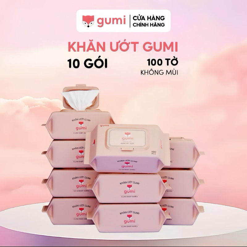Thùng 10 gói khăn ướt 100 tờ GUMI chính hãng không chứa cồn, an toàn cho mẹ và bé, mềm dai