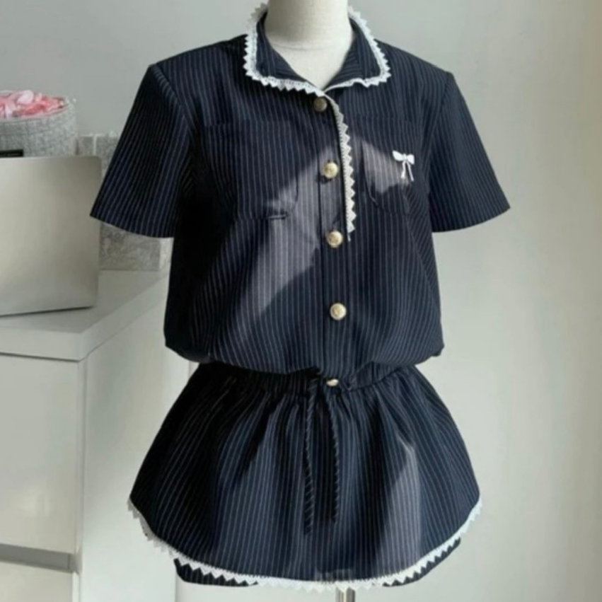 JUM/SET VÁY ÁO LIÊN QUẦN KẺ SỌC VIỀN REN CỔ TRỤ THÊU NƠ SIÊU XINH | BigBuy360 - bigbuy360.vn