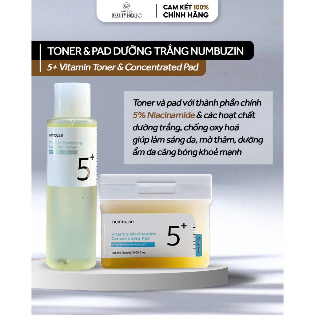 Pad & Toner dưỡng trắng NUMBUZIN VITAMIN BOOSTING ESSENTIAL NO5+ TONER/ NIACINAMIDE 5+ CONCENTRATE P