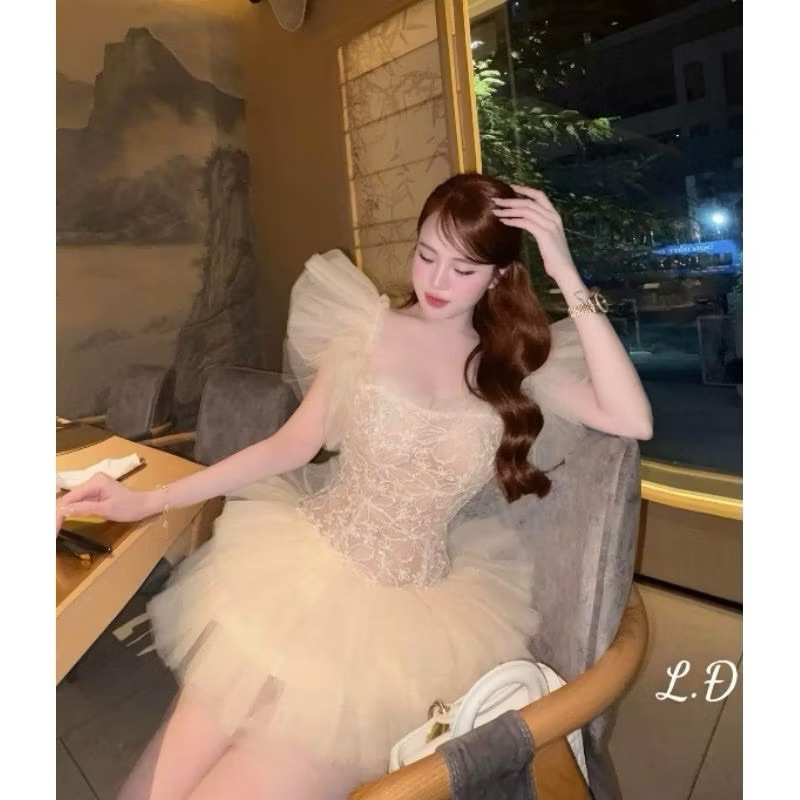 VÁY REN HOA TIỂU THƯ TAY CÁNH TIÊN hoa "REN NỔI"  PHỐI TÙNG LƯỚI 2 TÂNG BÁNH BÈO SANG CHẢNH | BigBuy360 - bigbuy360.vn