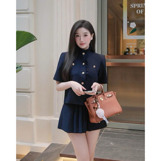  Set Suri thiết kế xanh nacy  tiểu thư cổ trụ phối khuy đồng  MH079  Set áo kèm chân váy xanh than 
