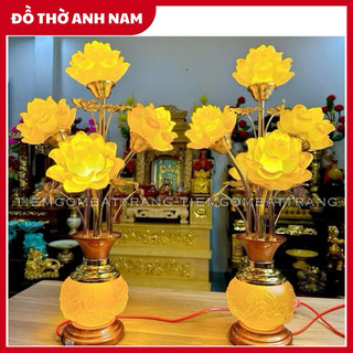 Đèn Hoa Sen 5 bông Bình Ngọc Lưu Ly Chân Đế Hợp Kim 5 Bông Hoa Sen Bày Trên Ban Thờ Gia Tiên-Ban Thần Tài 