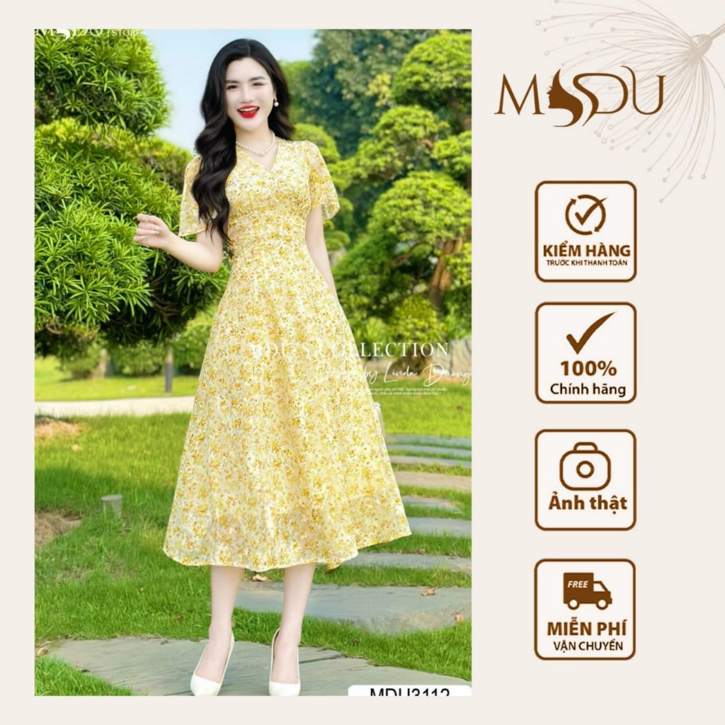 Váy Tơ Hàn MDU3112 Cổ Chữ V Tinh Tể Dáng Xòe Nhẹ Nhàng Từ MDU K64-D1-4