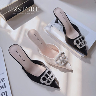 Dép cao gót nữ 7cm, sục bít mũi đính hiệu đá lấp lánh gót 6cm dễ đi Phương Thảo Store