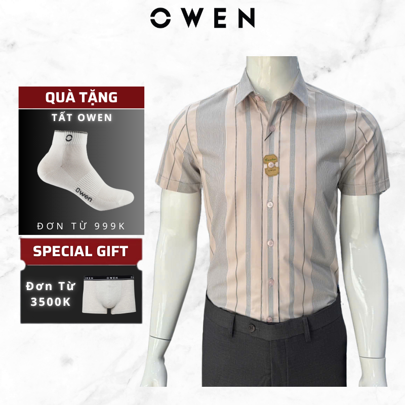 Áo sơ mi ngắn tay Owen màu hồng kẻ sọc mã AS250101 dáng slimfit ôm gọn trẻ trung,không túi ngực,chất