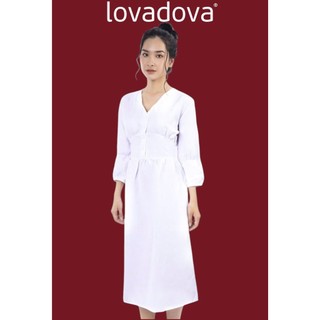 Đầm ôm dài tay màu trắng lưng thun vải linen Lovadova DD0702