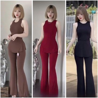  Set bộ thời trang nữ siêu hot áo ba lỗ thun tăm mix quần ống loe dài quần có túi trẻ trung---T7 