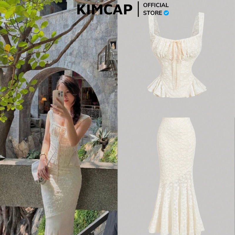 Set Áo hai dây be hoa nổi cổ vuông đuôi xoè + chân váy body dáng dài đuôi cá (hàng hãng)