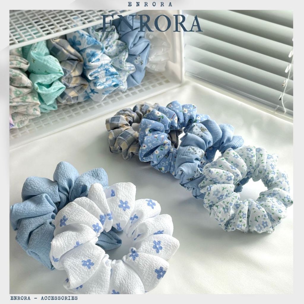 Scrunchies ENRORA.VN Cột Tóc Vải Hoa Xanh nhí
