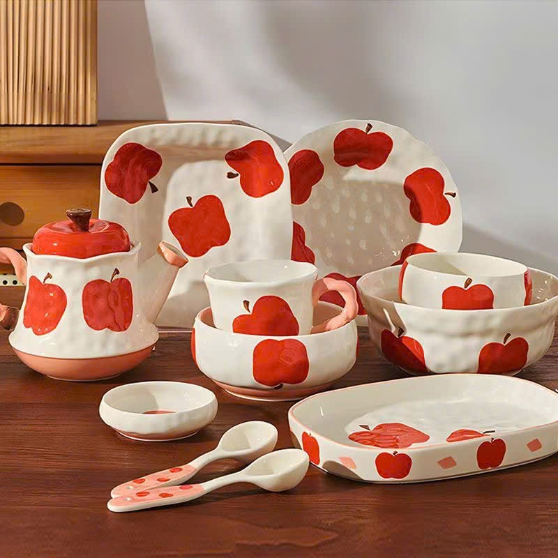 Bộ bát đĩa gốm sứ decor, Chén dĩa dễ thương, Bát ăn cơm, Bộ chén dĩa họa tiết Táo Đỏ cao cấp siêu đẹ