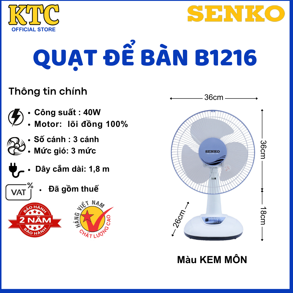 Quạt bàn Senko B1216 - Bảo hành 24 tháng chính hãng - làm mát êm ái - đa dạng màu sắc
