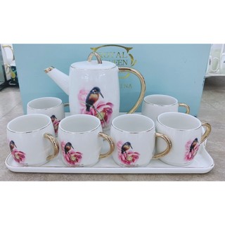 Bộ bình cốc ấm trà họa tiết chim độc đáo, bộ trà chiều sang trọng GDHT