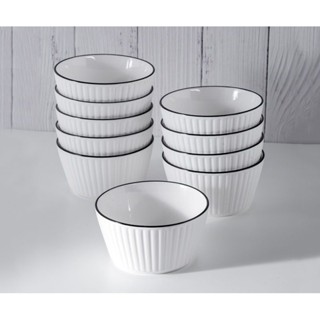 Set 10 bát cơm vuông sọc 11.4cm sứ trắng viền đen, chén sứ dày dặn ăn cơm, decor sang trọng