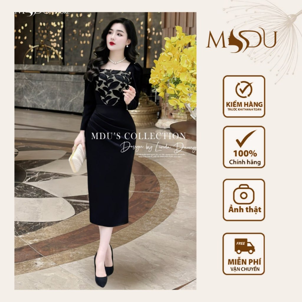 Váy Công Sở MDU3798 Thiết Kế Cổ Vuông,chất Mango Hàn Phối Ren Cap Cấp Từ MDU K47-D1-2