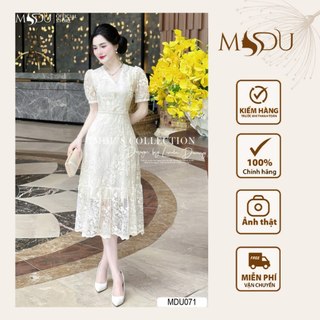 Váy thiết kế MDU071 màu kem họa tiết bắt mắt, dáng dài tiểu thư, có độ xòe nhẹ nhàng