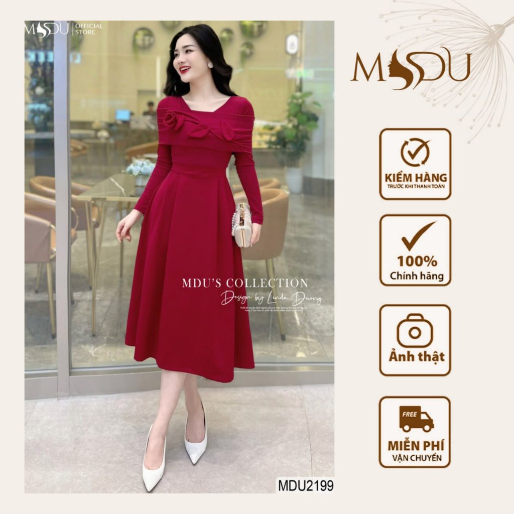 Váy Tiểu Thư MDU2199 Dáng Xòe Trễ Vai Thêu Hoa Nổi Bật Cuốn Hút Từ MDU K64-D2-2