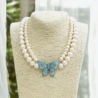 Chuỗi Đeo Cổ Ngọc Trai Đôi 8ly-10ly Mặt Bướm Khảm Đá Cổ Điển - Ngọc Trai Trường Thịnh