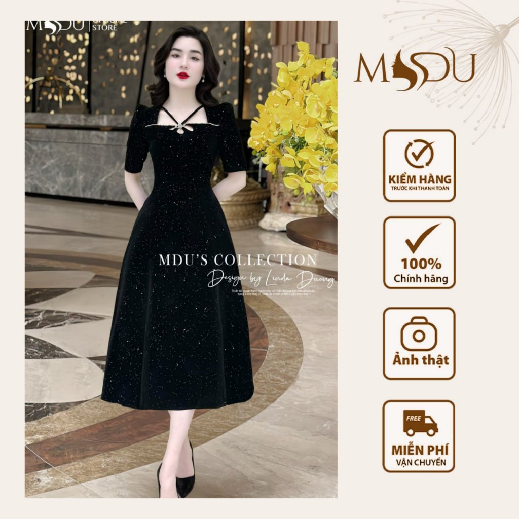 Váy Thiết Kế MDU3926 Dáng Váy Xòe Nhẹ, Chất Liệu Nhung Đính Kim Sa Cao Cấp Từ MDU K54-D2-5
