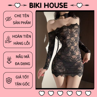 Váy ngủ dài tay ren xuyên thấu phối hoa quyến rũ ngọt ngào đầm ôm body cúp ngực tôn dáng gợi cảm BIKI HOUSE N183 - HCM