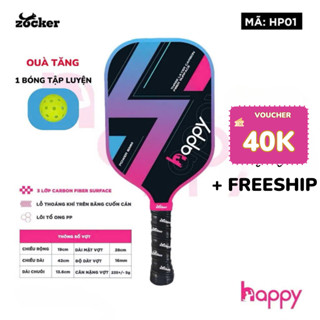 Vợt Pickleball Zocker Happy Standard Quality mặt vợt carbon, dày 16mm, Tặng bóng tập luyện