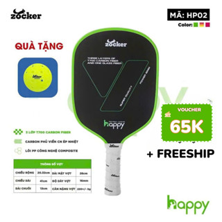 Vợt Pickleball Zocker Happy Hp02, mặt 3 lớp T700 carbon + 1 lớp Glassfiber, Tặng 1 bóng thi đấu 5 sao