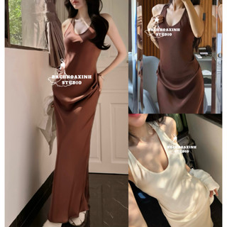  Váy lụa dài sát nách XẾP EO nhẹ tôn dáng basic sang trọng 