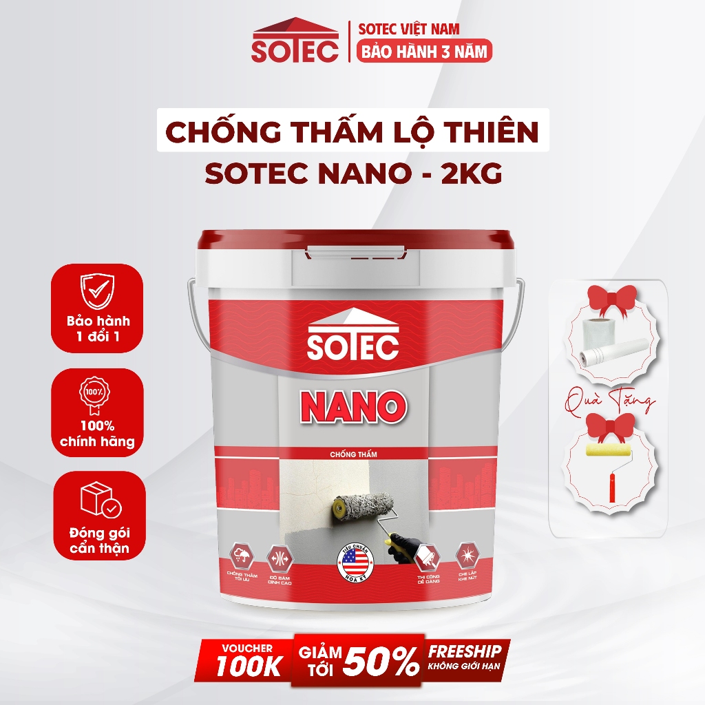 [2KG] Sơn Chống Thấm Lộ Thiên SOTEC-NANO Chống Thấm Sàn Mái, Máng Xối, Ban Công, Sân Thượng, Tường Đ