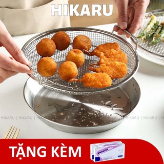  Khay Ráo Dầu Inox 304  Kèm Vỉ Lưới  HIKARU Dạng Tròn Đựng Thức Ăn Chiên Rán Làm Bánh DT250400101 