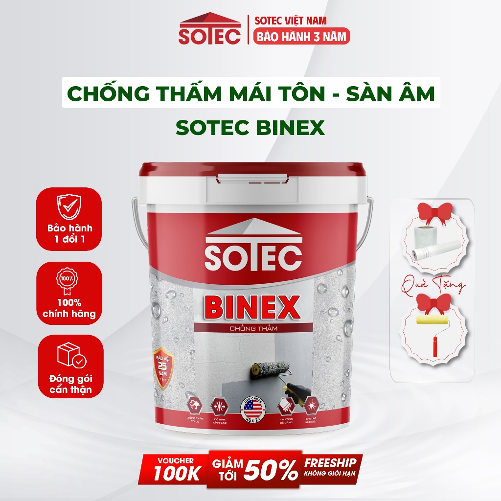 Sơn Chống Thấm Bể Cá, Sàn Âm SOTEC-BINEX Chống Thấm Mái Tôn, Máng Xối, Sàn Nhà, Thùng Xốp, Tường Ngo