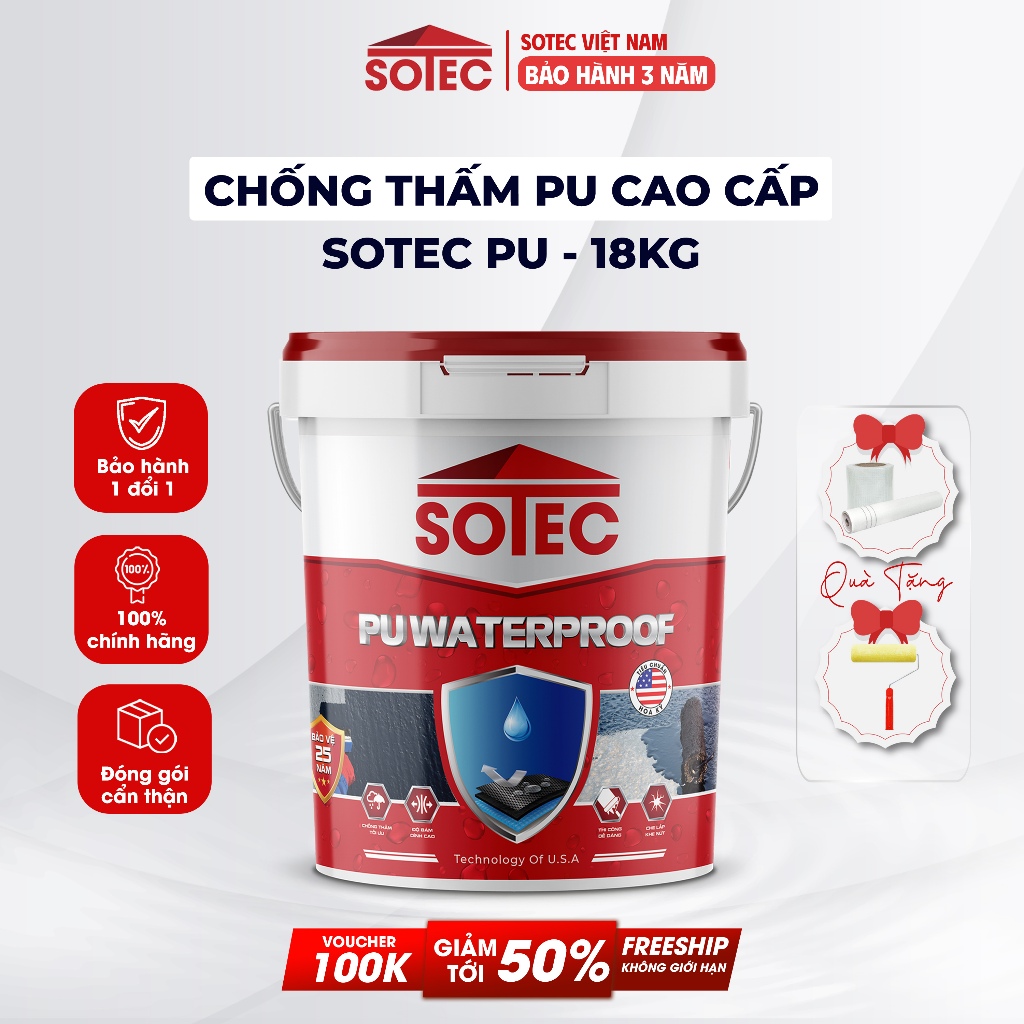 [18KG] Sơn Chống Thấm Sàn Mái, Sân Thượng, Tường Đứng SOTEC - PU Chống Thấm Trần Nhà, Chống Thấm Trê