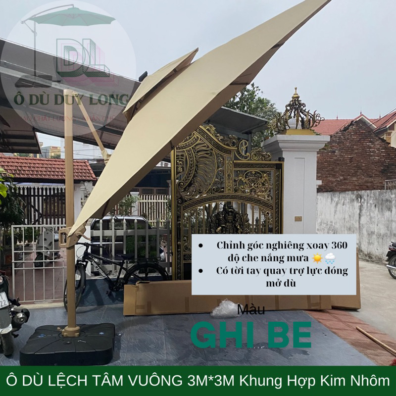 Ô Dù lệch tâm vuông 3m*3m khung hợp kim nhôm cao cấp, chỉnh góc nghiêng che hướng nắng.