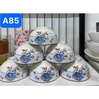 combo 10 chén, 5 chén sứ hoa hồng xanh A85, chén cơm sứ trắng 11cm, chén chấm trắng 8.5cm