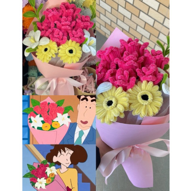 Bó hoa hồng đậm mix đồng tiền và tulip xinh xắn dễ thương