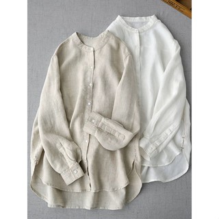 Áo sơ mi nữ cổ tầu form rộng – Trễ vai, Linen bột Premium thoáng mát, không kén dáng - AoCT01