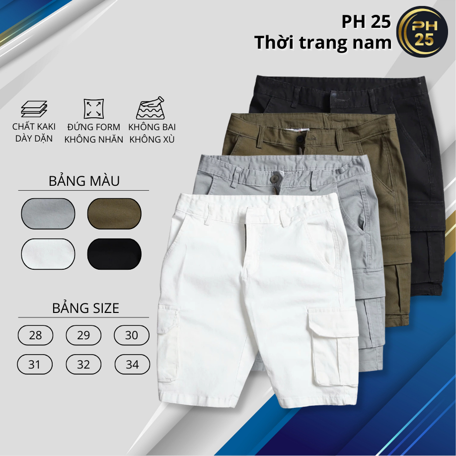 Quần short kaki nam túi hộp trẻ trung lịch lãm màu Trắng, Xám, Nâu, Đen nhiều size chuẩn form