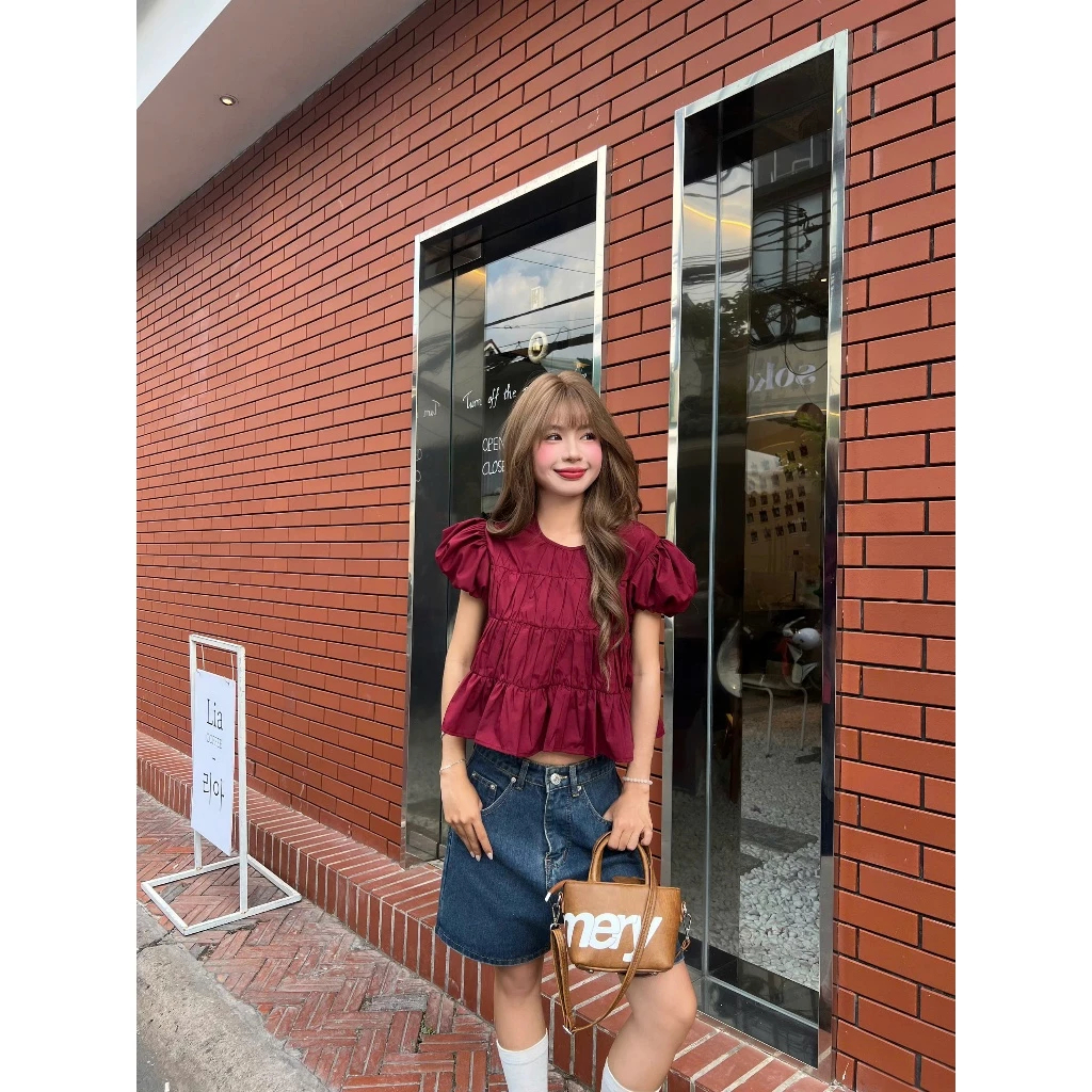 Áo BaByDoll Cổ Tròn UNI TOP Bun222 Cổ Tròn Tay Phồng Nữ Tính Dễ Phối Đồ | BigBuy360 - bigbuy360.vn