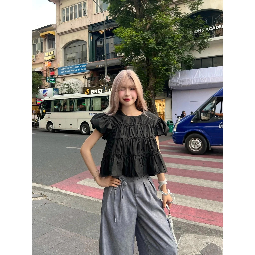 Áo BaByDoll Cổ Tròn UNI TOP Bun222 Cổ Tròn Tay Phồng Nữ Tính Dễ Phối Đồ | BigBuy360 - bigbuy360.vn