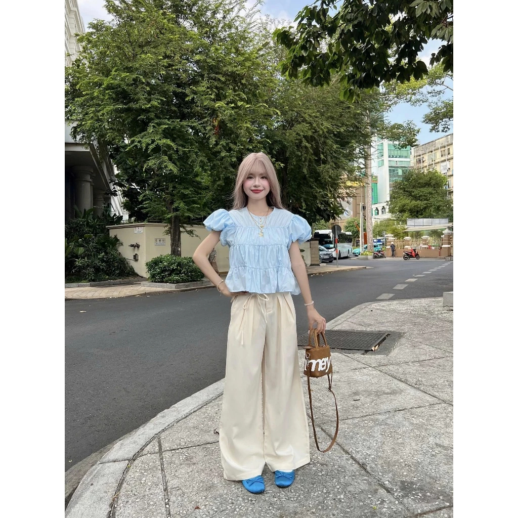 Áo BaByDoll Cổ Tròn UNI TOP Bun222 Cổ Tròn Tay Phồng Nữ Tính Dễ Phối Đồ | BigBuy360 - bigbuy360.vn