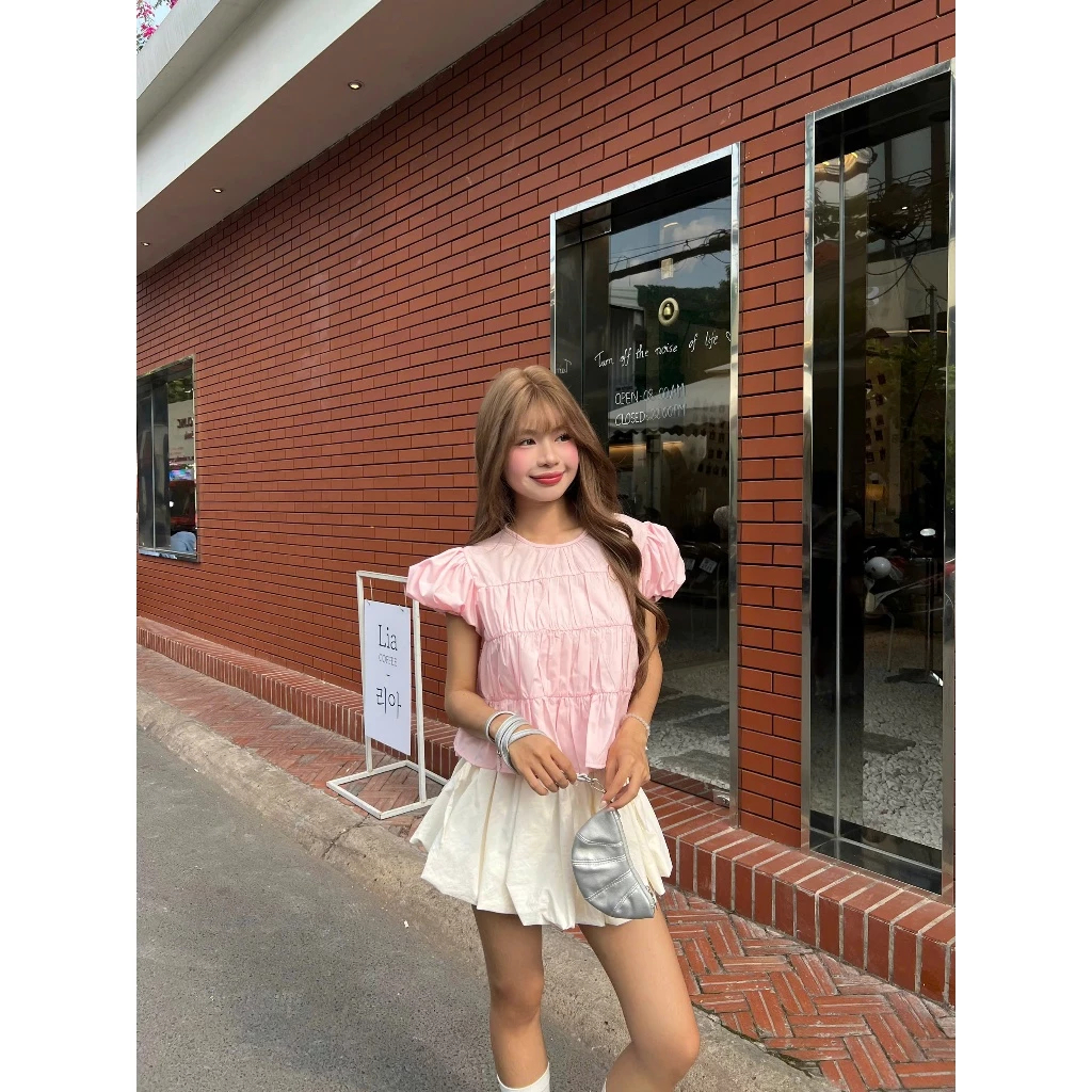 Áo BaByDoll Cổ Tròn UNI TOP Bun222 Cổ Tròn Tay Phồng Nữ Tính Dễ Phối Đồ | BigBuy360 - bigbuy360.vn