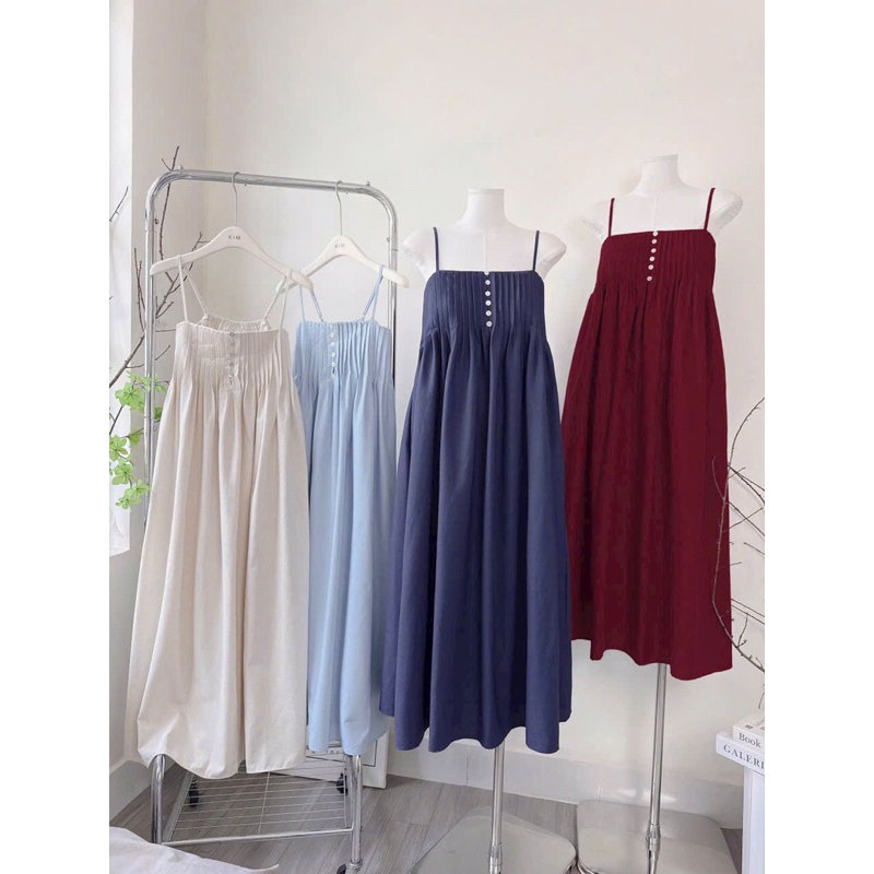 Đầm maxi 2 dây, váy dài linen xếp li ngực dáng suông La Bap Room