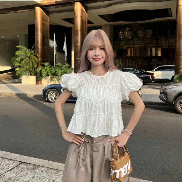 Áo BaByDoll Cổ Tròn UNI TOP Bun222 Cổ Tròn Tay Phồng Nữ Tính Dễ Phối Đồ | BigBuy360 - bigbuy360.vn