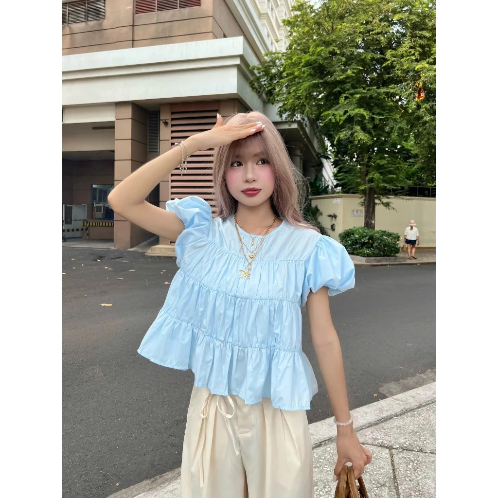 Áo BaByDoll Cổ Tròn UNI TOP Bun222 Cổ Tròn Tay Phồng Nữ Tính Dễ Phối Đồ | BigBuy360 - bigbuy360.vn