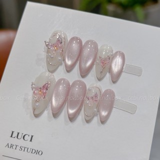  Móng úp thiết kế nailbox C829 thạch hồng mắt mèo đính charm dễ thương cebi.nailbox 