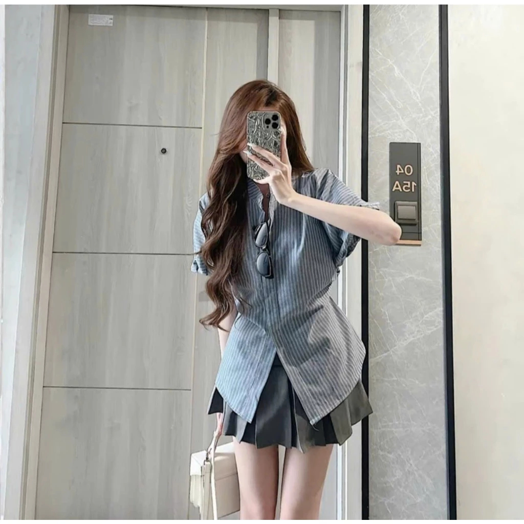 Áo Sơ Mi Tay Bồng Có Dây Rút Eo, Cổ Tàu Kẻ Sọc Xinh Xắn by BUN222 | BigBuy360 - bigbuy360.vn
