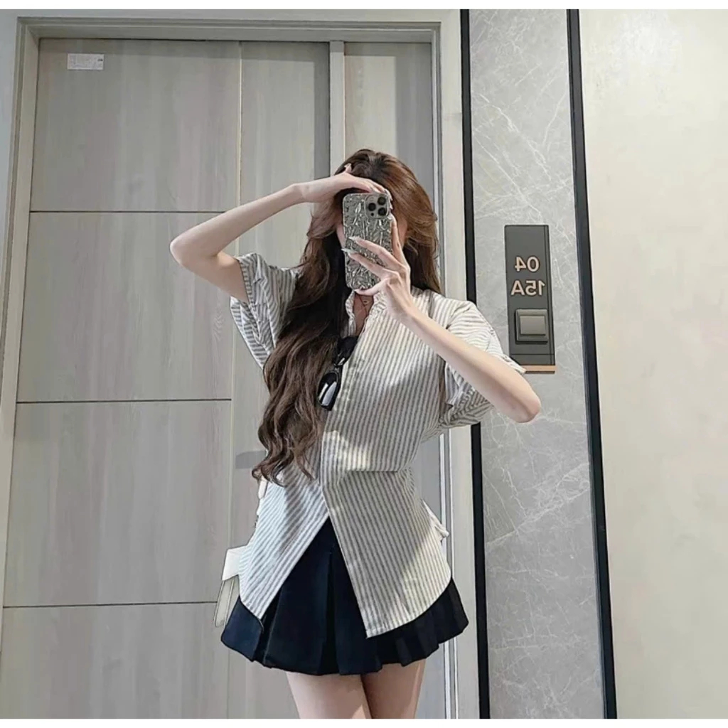 Áo Sơ Mi Tay Bồng Có Dây Rút Eo, Cổ Tàu Kẻ Sọc Xinh Xắn by BUN222 | BigBuy360 - bigbuy360.vn