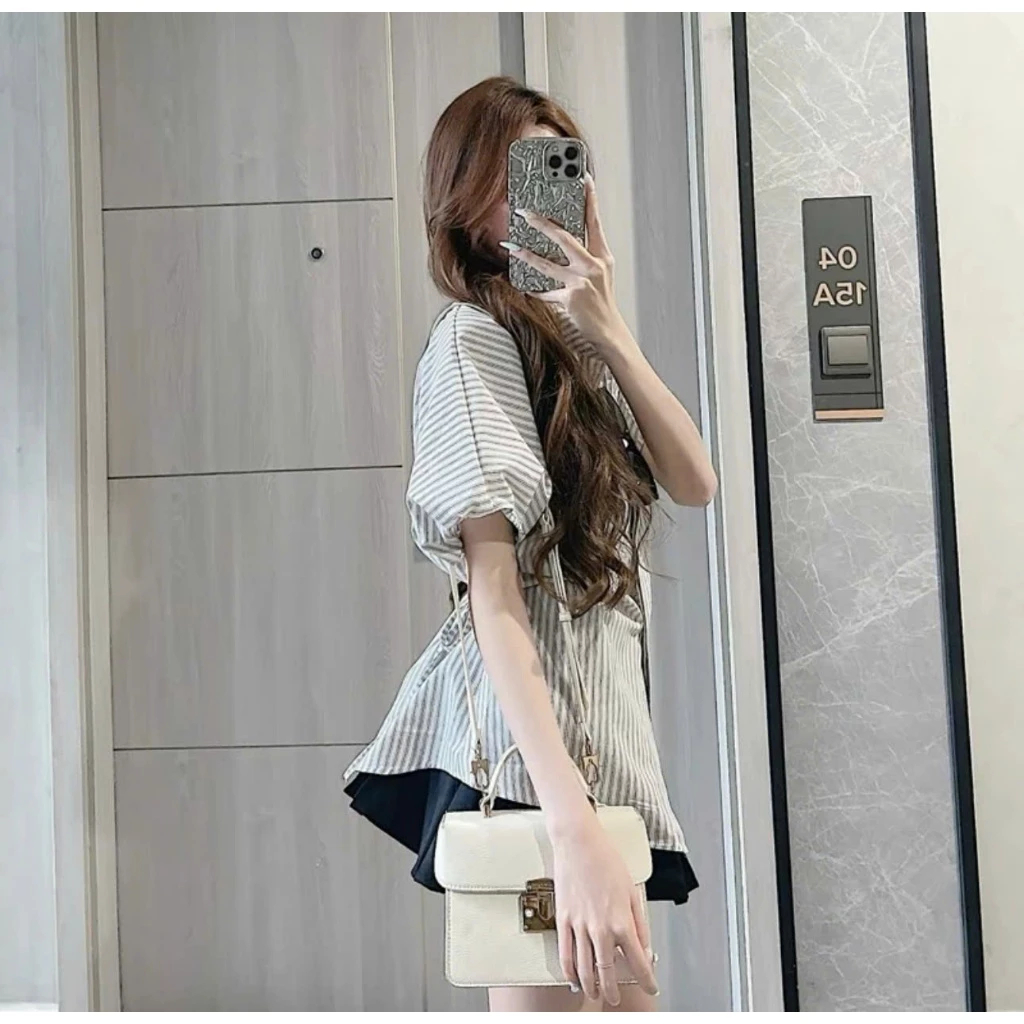 Áo Sơ Mi Tay Bồng Có Dây Rút Eo, Cổ Tàu Kẻ Sọc Xinh Xắn by BUN222 | BigBuy360 - bigbuy360.vn