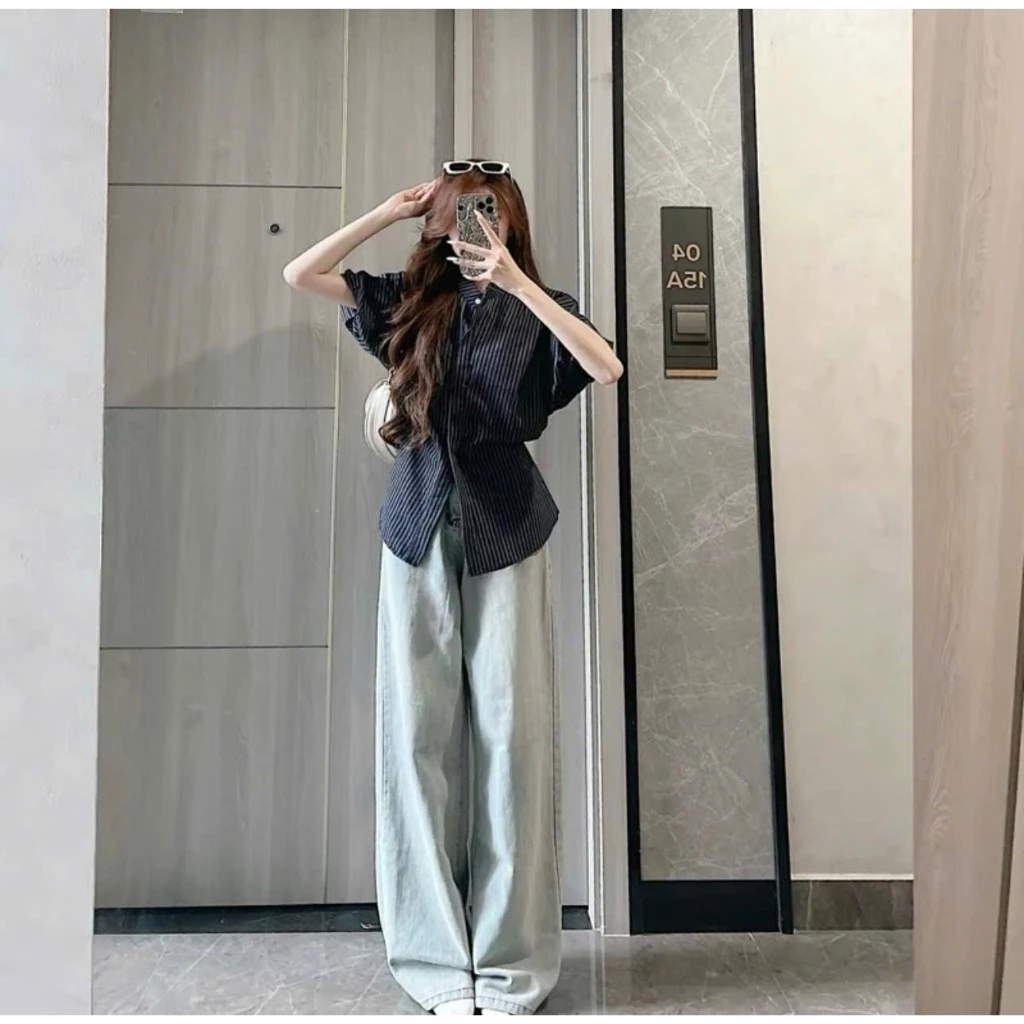 Áo Sơ Mi Tay Bồng Có Dây Rút Eo, Cổ Tàu Kẻ Sọc Xinh Xắn by BUN222 | BigBuy360 - bigbuy360.vn