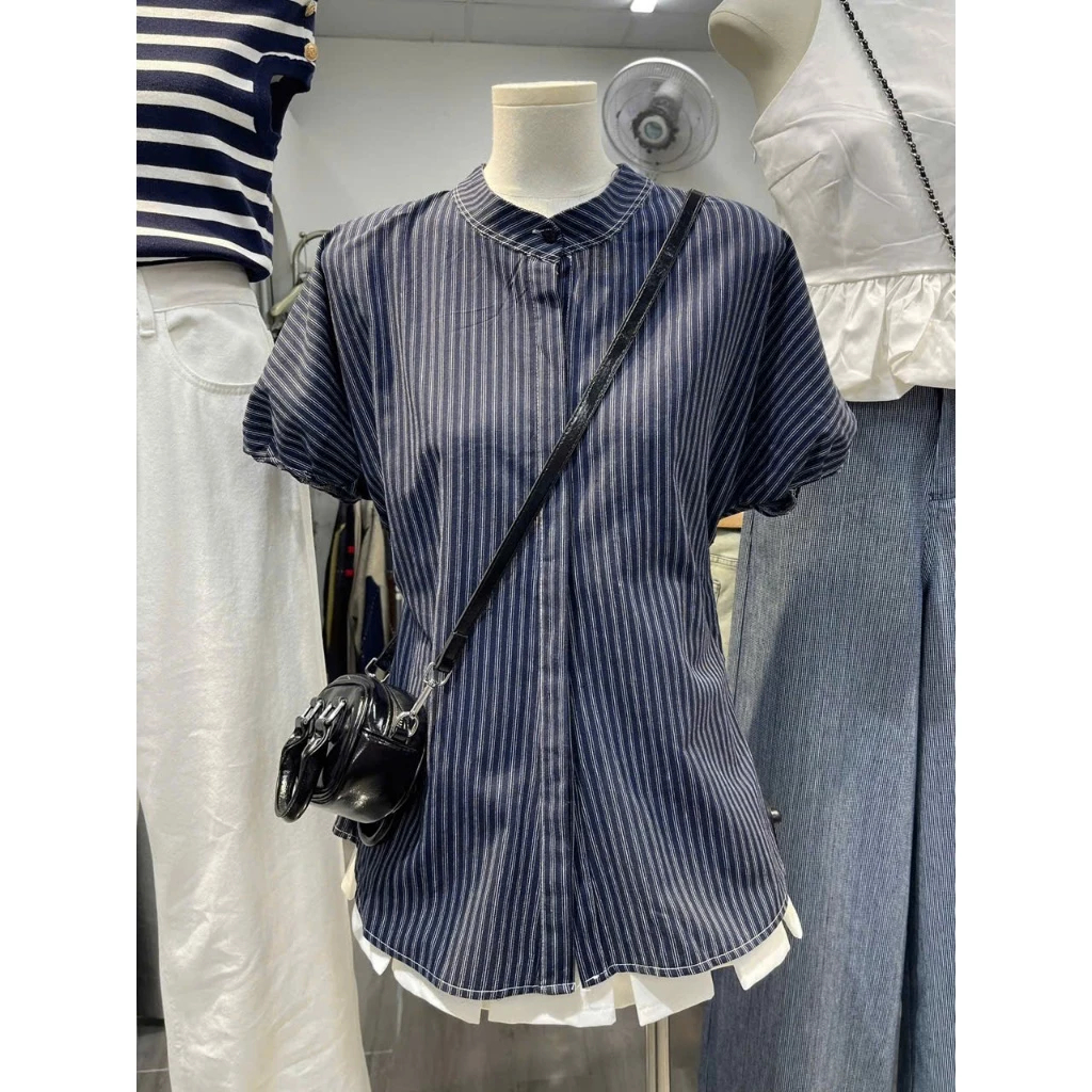 Áo Sơ Mi Tay Bồng Có Dây Rút Eo, Cổ Tàu Kẻ Sọc Xinh Xắn by BUN222 | BigBuy360 - bigbuy360.vn